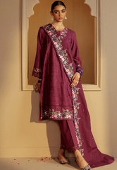 Cross Stitch Embroidered Khaddar Stitched 3Pc Suit - Plum Radiance